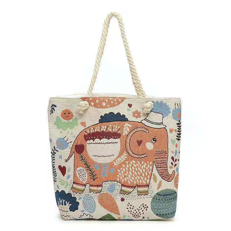 Double-Sided Ethnic Style Embroidery Bag Women'S Live Embroidery Peacock Elephant Canvas Bag