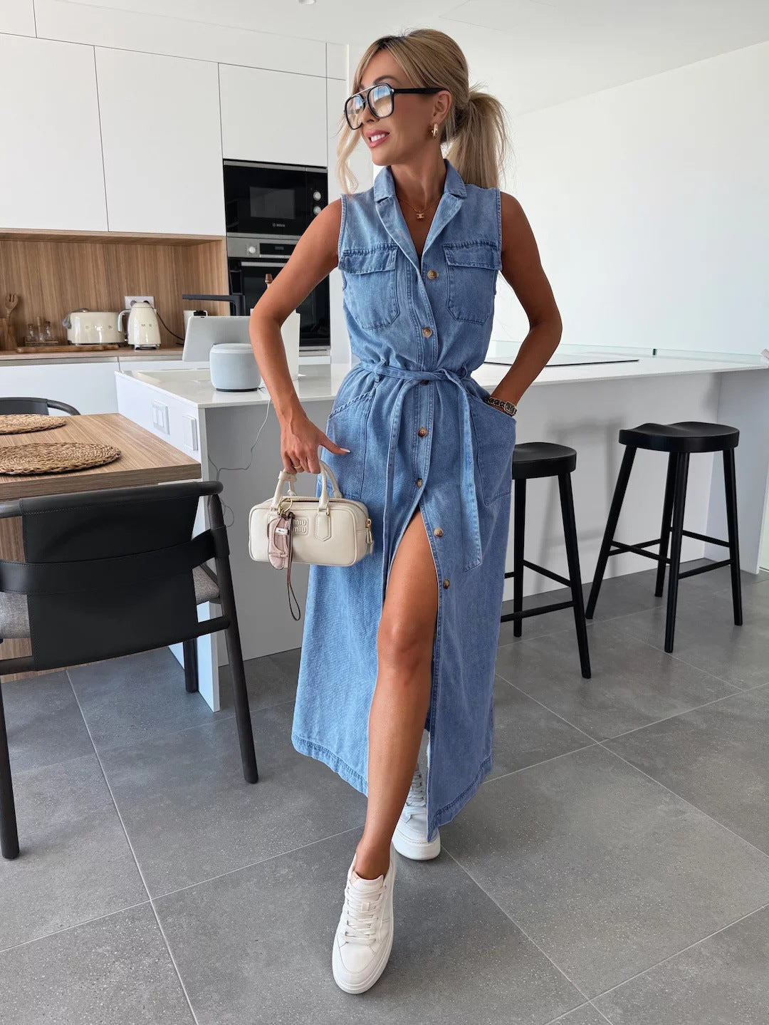 Casual Long Denim Dress With Belted Waist