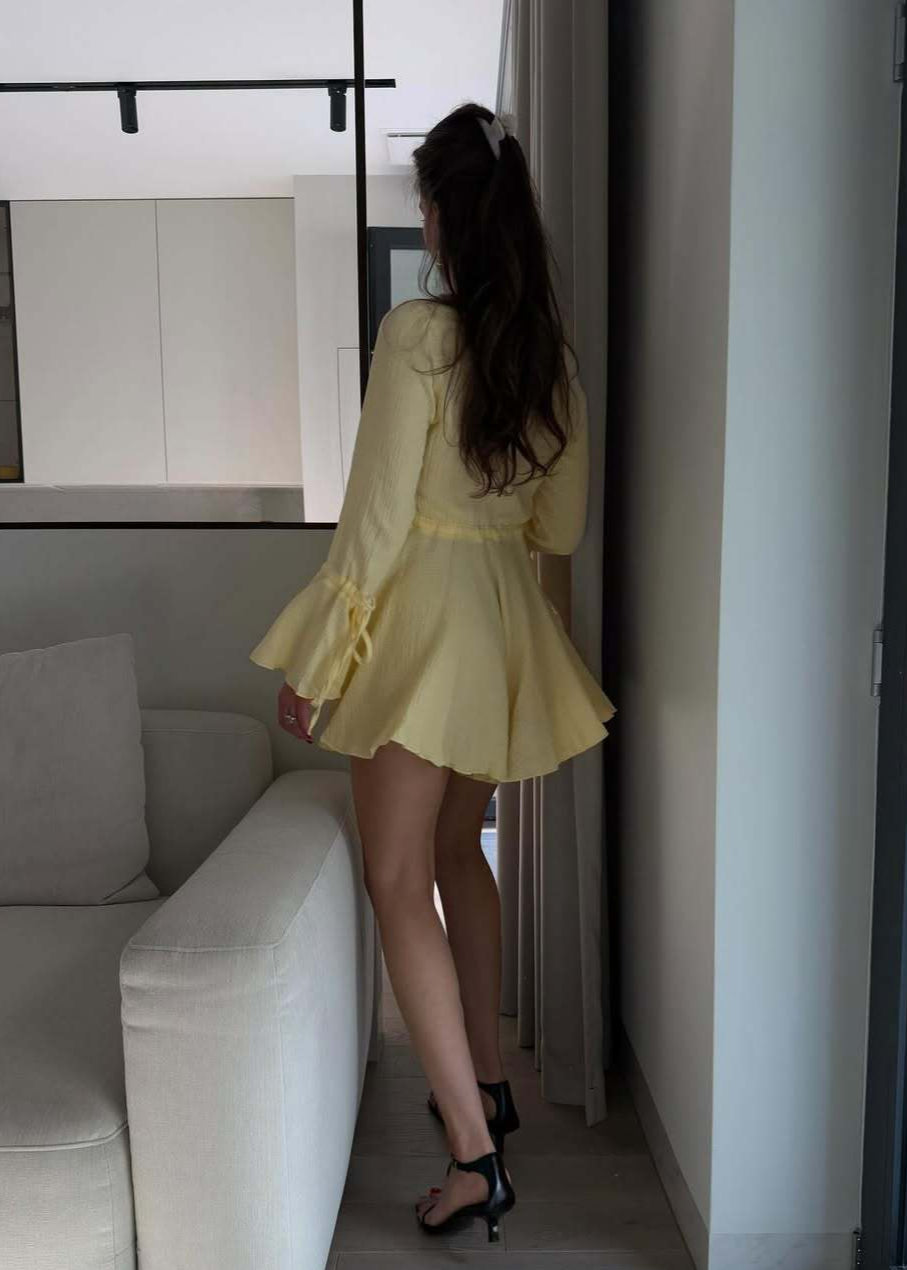 Flared Sleeve Button Romper In Lightweight Yellow Fabric