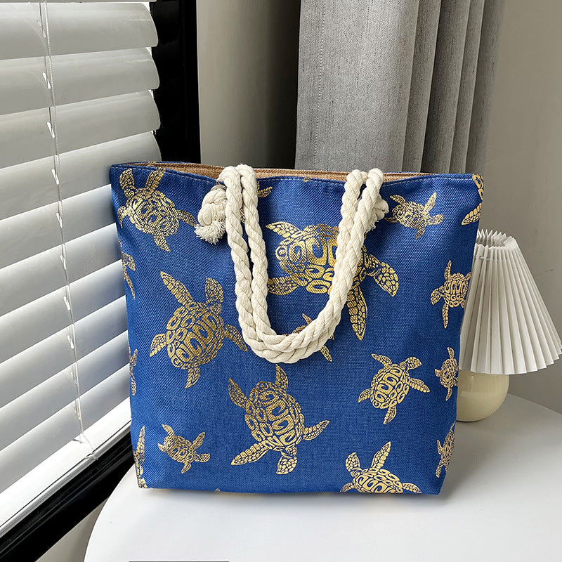 Large Capacity Linen Tote Bag with Dual-Sided Gold Foil Design