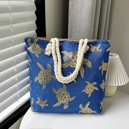 Large Capacity Linen Tote Bag with Dual-Sided Gold Foil Design