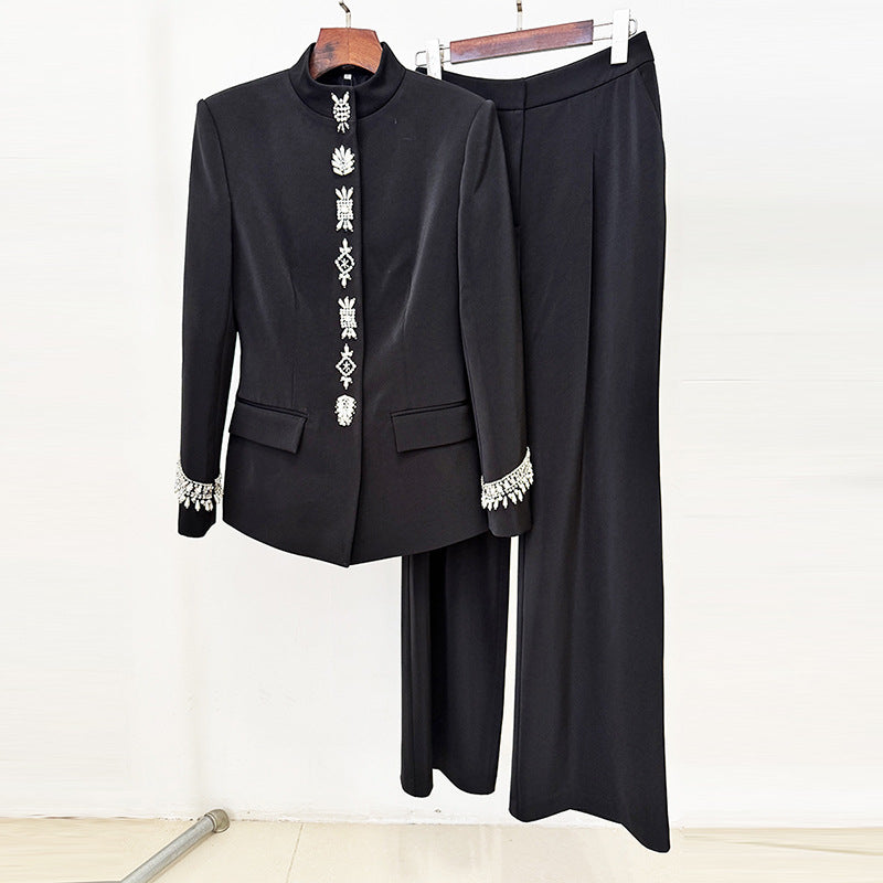 Beaded Collar Jacket Set Casual Long Pants