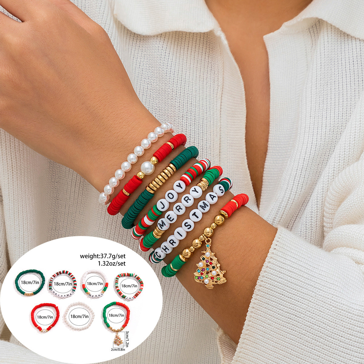 Christmas Themed Polymer Clay Bead Bracelet Set