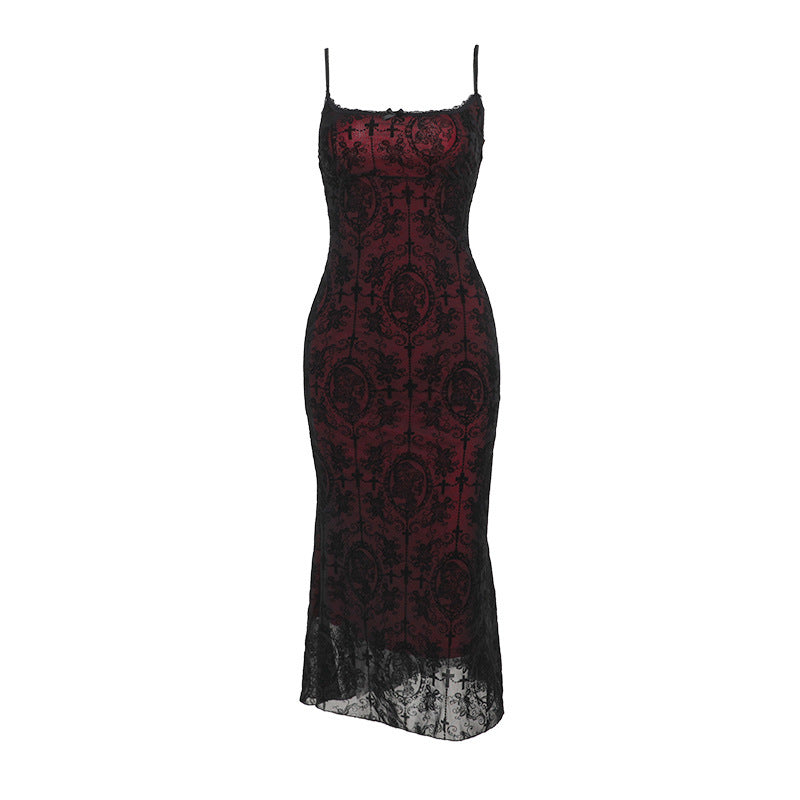 Vintage Gothic Halter Top Dress with Floral Print
