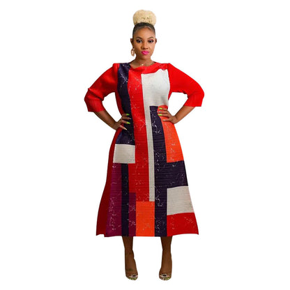 Fashionable Pleated Dress With Round Neck Print