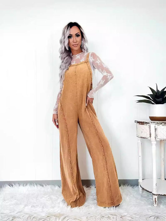 Women's Loose-Fit Denim Overalls Vintage Washed Wide-Leg Jumpsuit