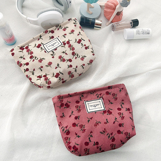 Color Block Floral Corduroy Makeup Bag Portable Vintage Cosmetic Pouch