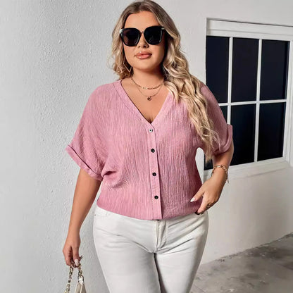 Loose-Fit V-Neck Button Short Sleeve Shirt for Women