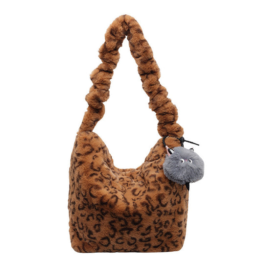 Trendy Leopard Print Plush Shoulder Bag