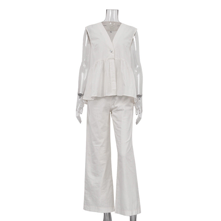 Cotton V-Neck Sleeveless Top and Long Pants Set for Women