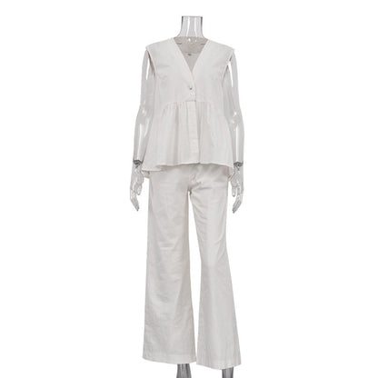 Cotton V-Neck Sleeveless Top and Long Pants Set for Women