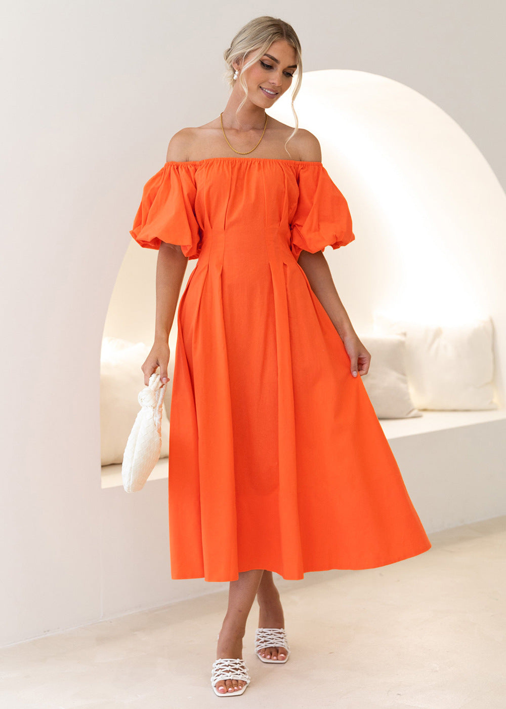 Off Shoulder Puff Sleeves Midi Dress