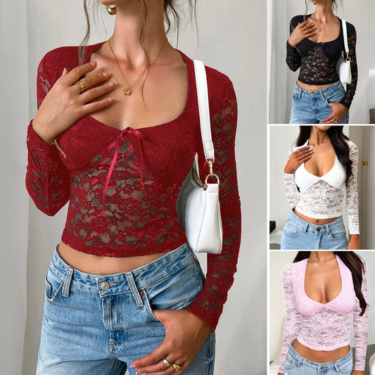 Sexy Lace Long Sleeve Top with Hollow Design