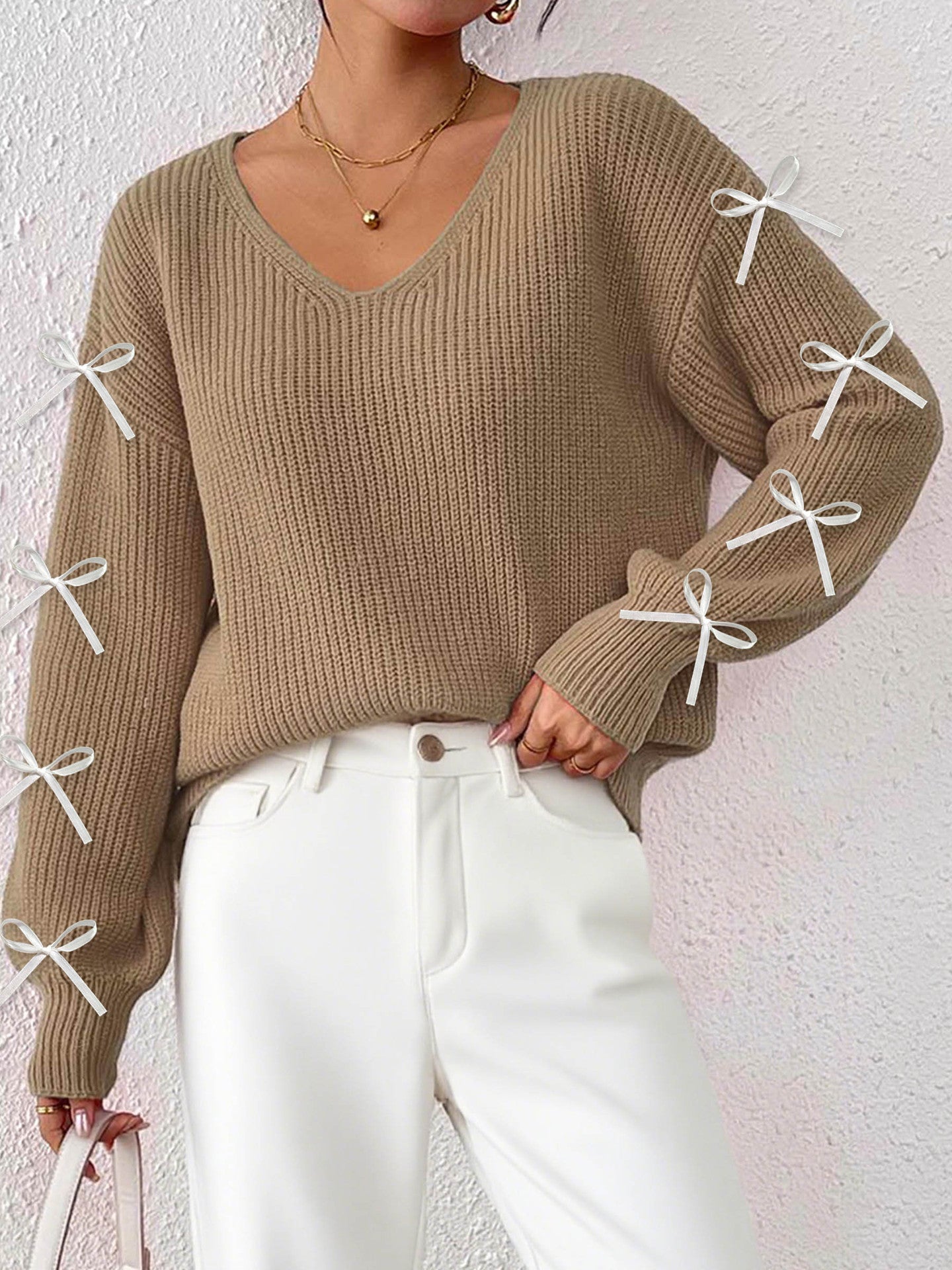 Ribbon Bow Detail V-Neck Sweater Casual Knit Top