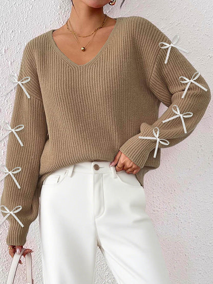 Ribbon Bow Detail V-Neck Sweater Casual Knit Top