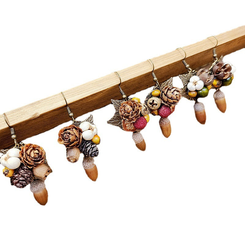 Rustic Leaf Acorn Earrings Handmade Floral Wooden Jewelry