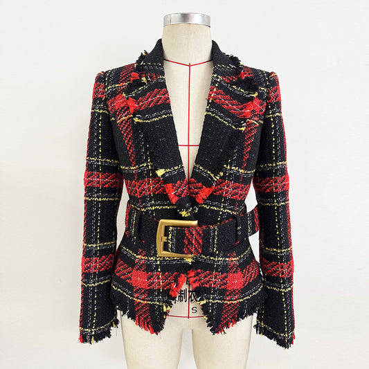 Trendy Checkered Tweed Blazer With Waist Tie