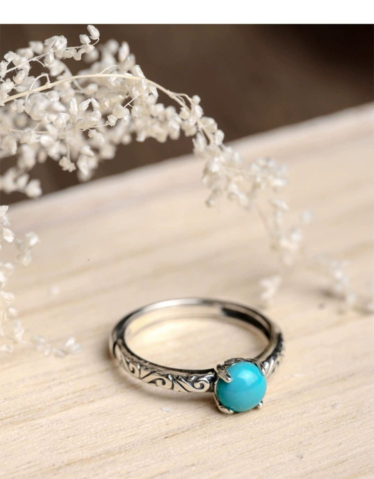 Retro-Styled S925 Silver Exquisite Ring Female Opening Carved National Turquoise Tide Jewelry