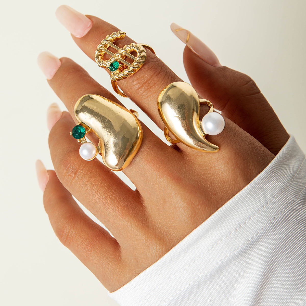 Flower-Decorated Pearl Ring Set Retro Baroque Geometric Rings