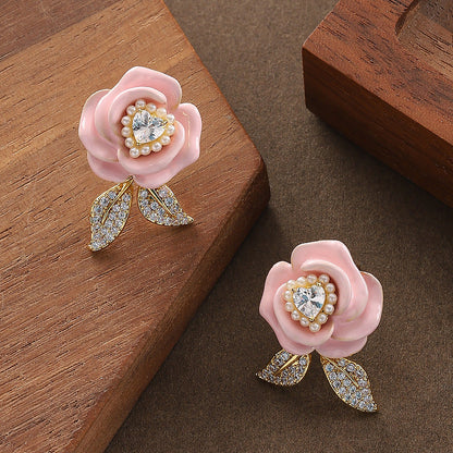 Elegant Rose Flower Stud Earrings With Zirconia - Stylish Floral Accessories