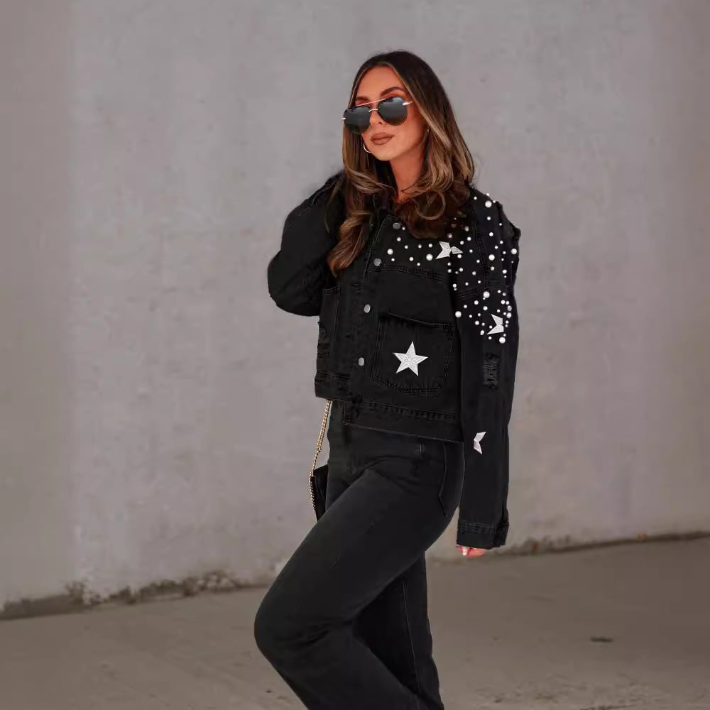 Fashionable Plus Size Denim Jacket with Beaded Details