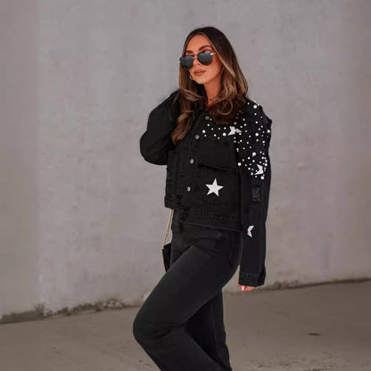 Fashionable Plus Size Denim Jacket with Beaded Details