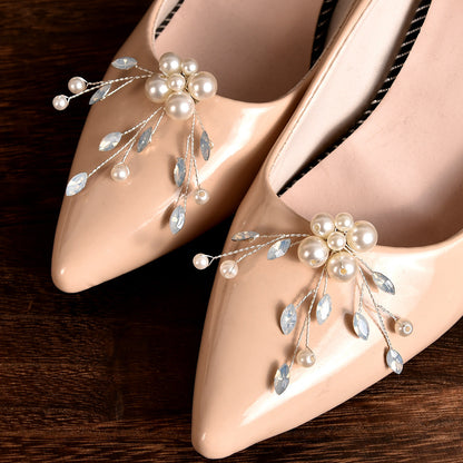 Removable Pearl Protein Blue Rhinestone Shoe Clips Floral Accessories
