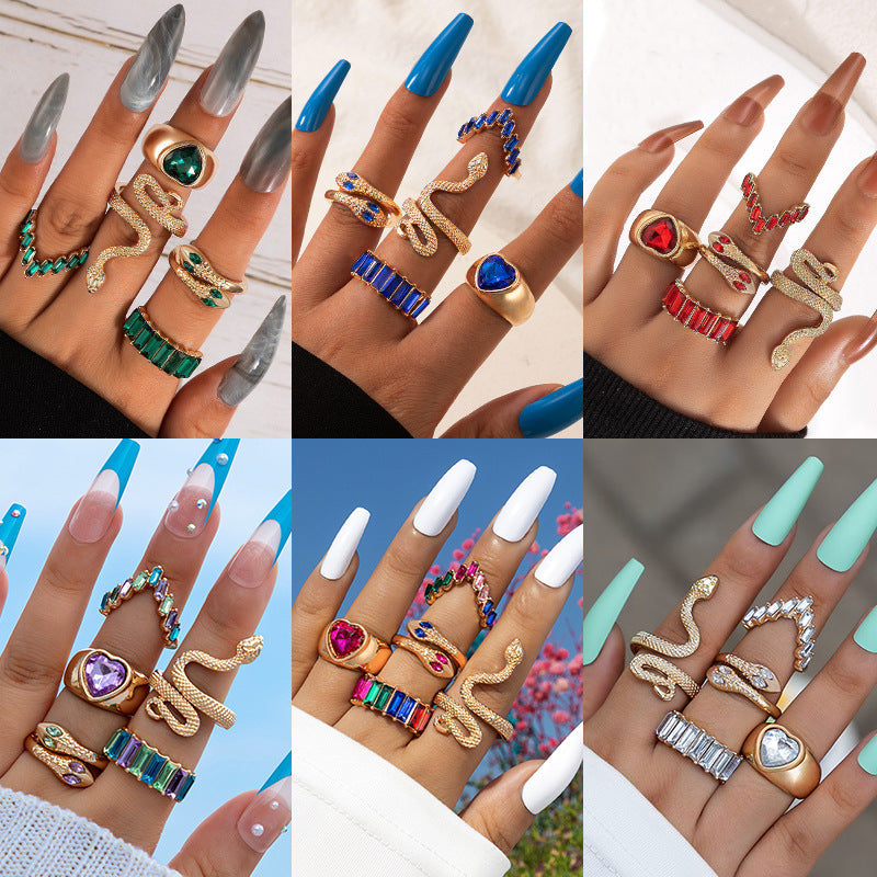 Snake Heart Shaped Gemstone Rings Jewelry Set