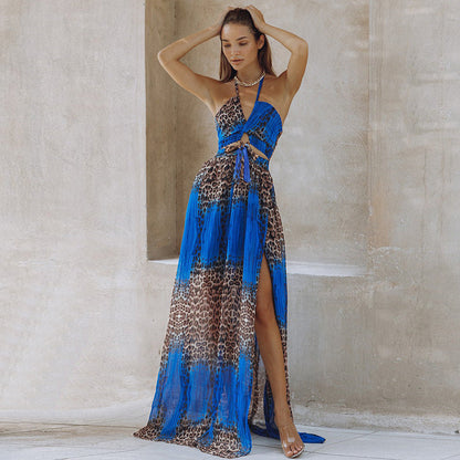 Sexy Leopard Print Backless Dress Chiffon Pendulum Bohemian Long Dress