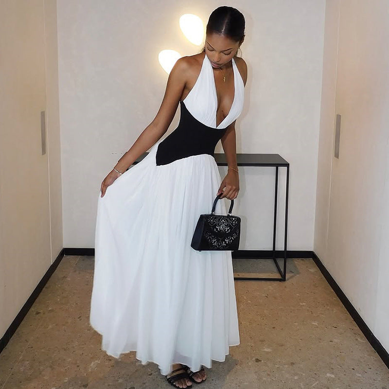 Black And White Halter Neck A-Line Dress With Deep V Neck