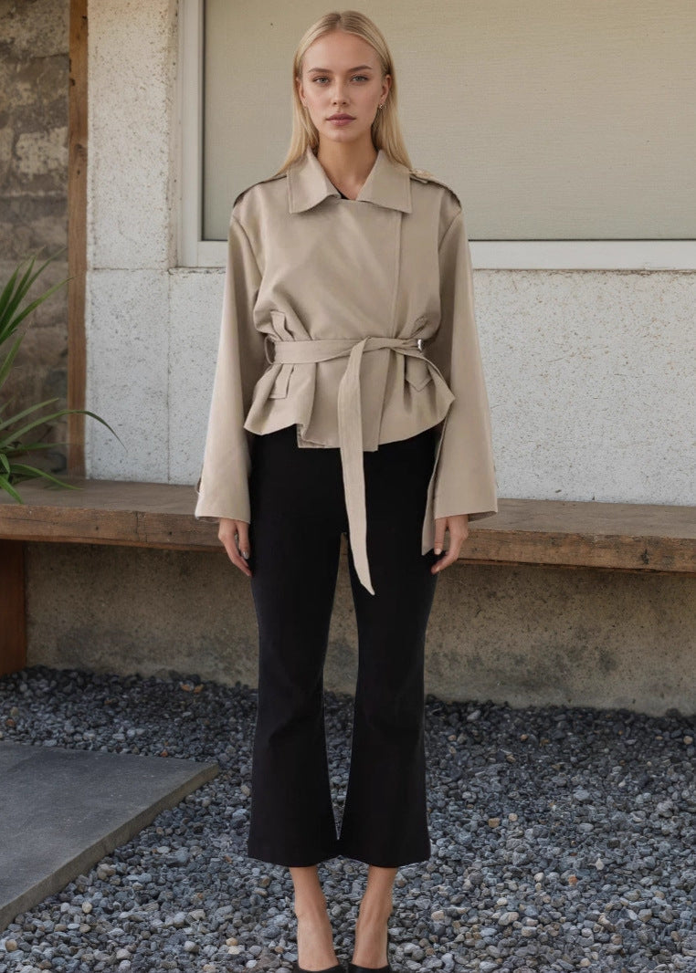 Cropped Lightweight Trench Jacket With Waist Tie