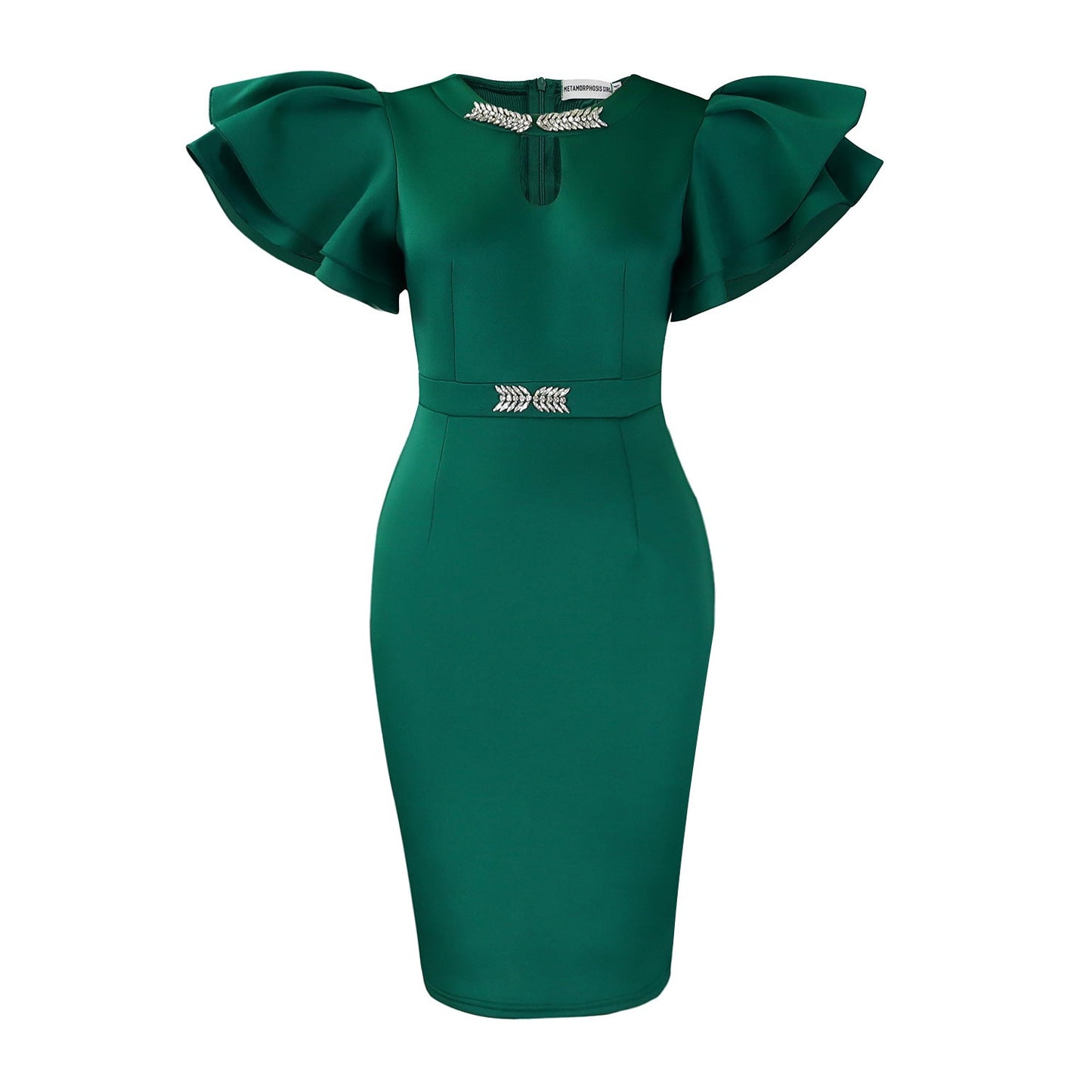 Elegant Puff Sleeve Midi Dress With Rhinestone Details