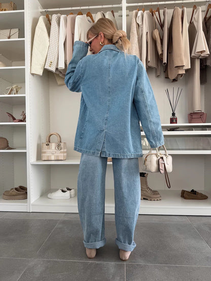 Casual Loose-Fit Light Blue Denim Blazer for Women