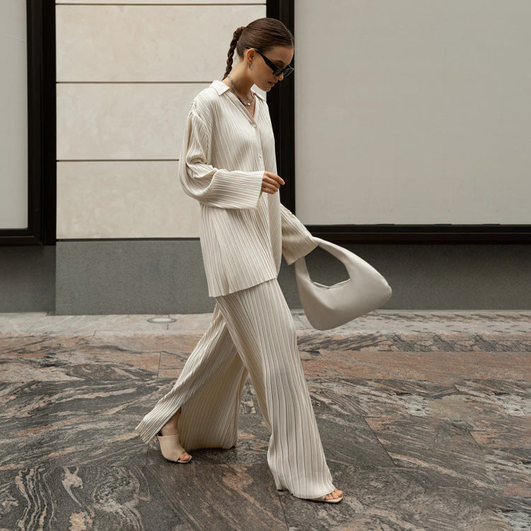 Trendy Solid Color Two-Piece Pants Set With Pleated Shirt