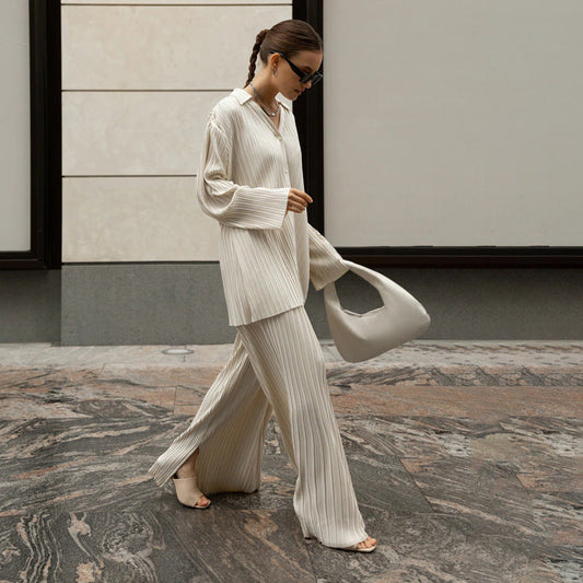 Trendy Solid Color Two-Piece Pants Set With Pleated Shirt