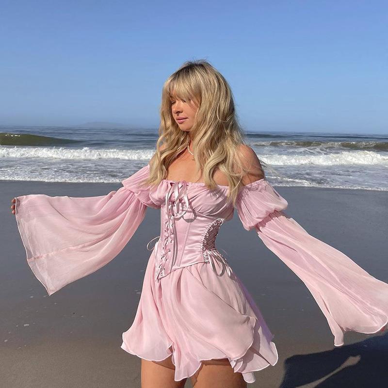 Off-Shoulder Chiffon Dress with Waist Tie in Pink and White