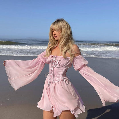 Off-Shoulder Chiffon Dress with Waist Tie in Pink and White