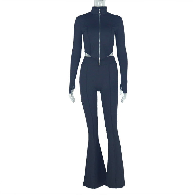 Fitted Cropped Top And Loose Fit Pants Set With Zipper