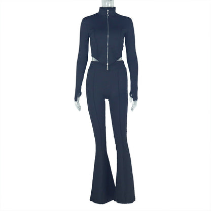 Fitted Cropped Top And Loose Fit Pants Set With Zipper