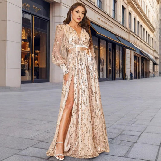 Sequin Maxi Dress with V-Neck and Strap Design