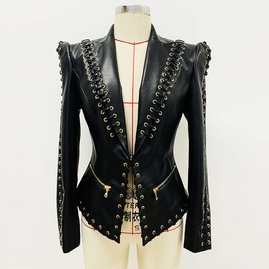 Faux Leather Jacket with Ropes and Slim Fit