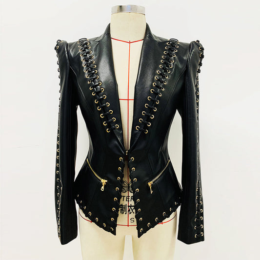 Stylish Black Pu Leather Blazer With Tie Waist