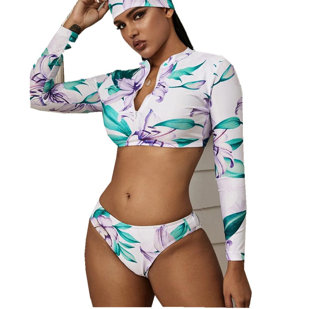 New Long-Sleeve Print Sexy Bikini Zipper Swimwear