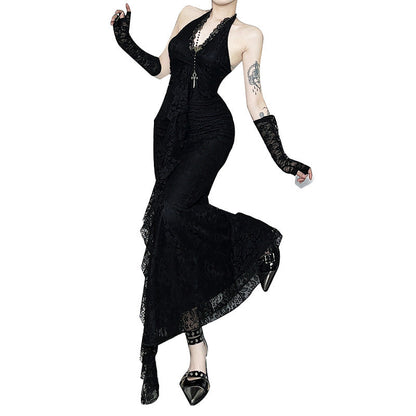 French Vintage Lace Maxi Dress Summer High Waist Bodycon