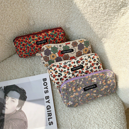 Corduroy Flower Jacquard Color Block Make Up Bag