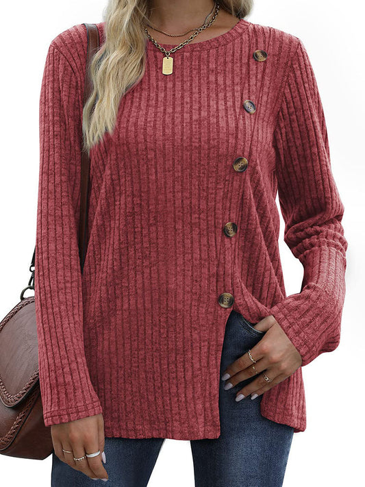 Button Up T-Shirt For Women'S New Fashion Autumn Casual Solid Color Long Sleeved T-Shirt For Women