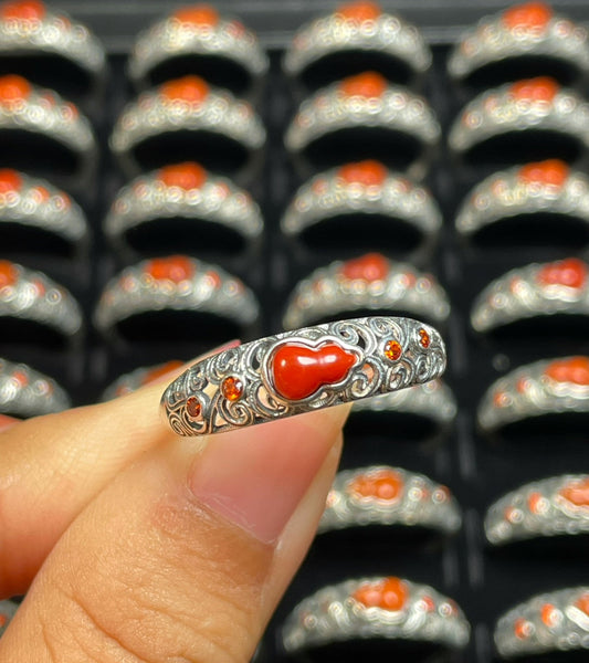 Natural Red Agate Gourd Ring Women'S S925 Sterling Silver Fulu Openwork Retro Design Ring