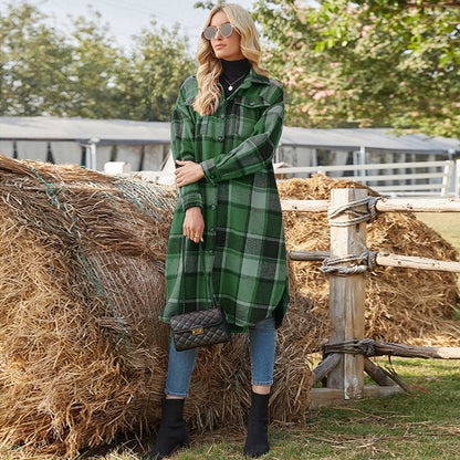 Temperament Commuter Windbreaker Side Slit Lapel Loose Women'S Wool Plaid Shirt Jacket