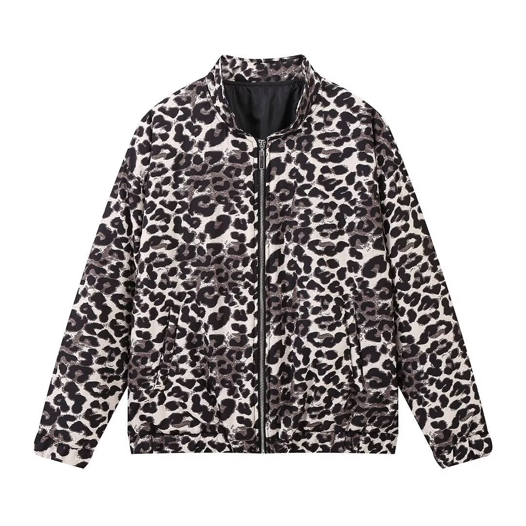 Vintage Leopard Print Zip-Up Winter Jacket