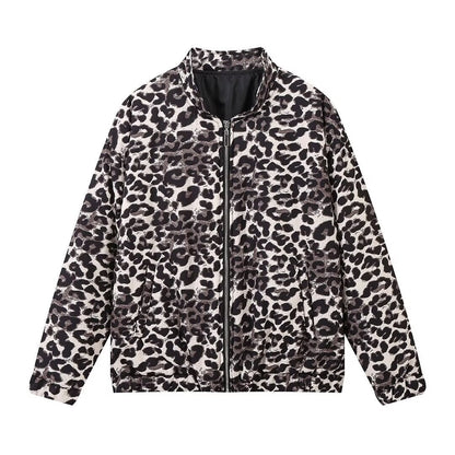 Vintage Leopard Print Zip-Up Winter Jacket